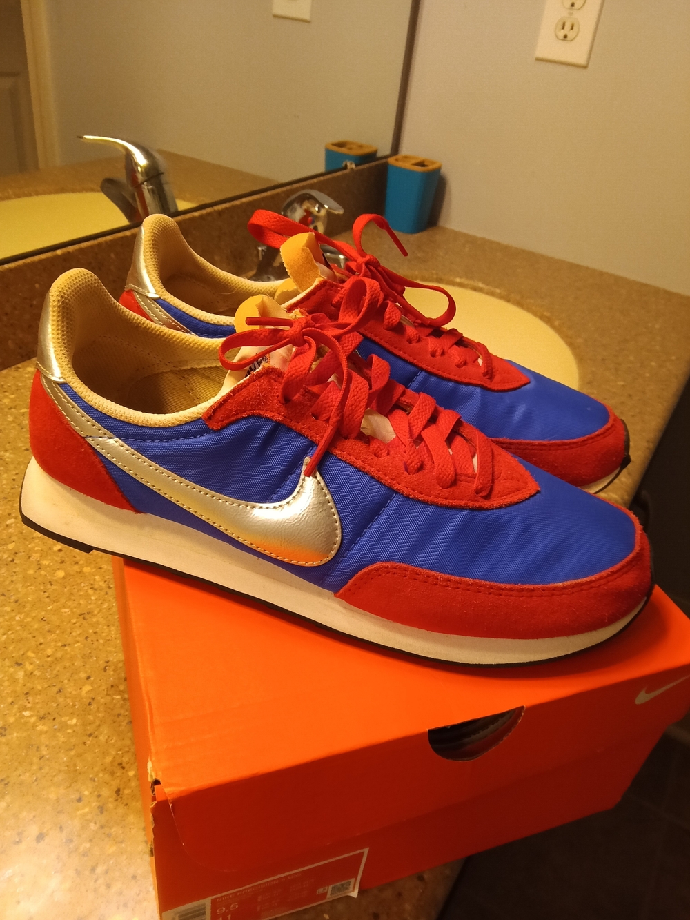 Nike Men’s Royal Blue and Red Retro Runner Sneakers with Silver Swoosh